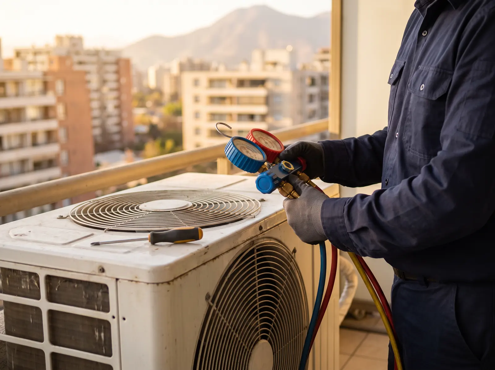Técnico midiendo la presión de gas en una unidad exterior